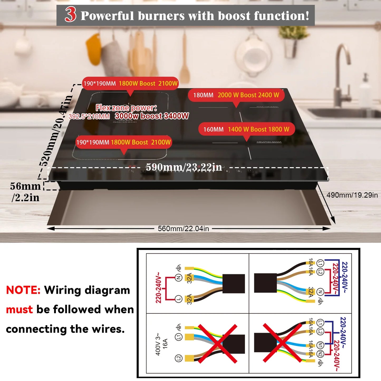 Placa de inducción Karinear integrada de 4 quemadores, placa de inducción eléctrica con zona flexible, control deslizante, temporizador, función de refuerzo, 7200 W