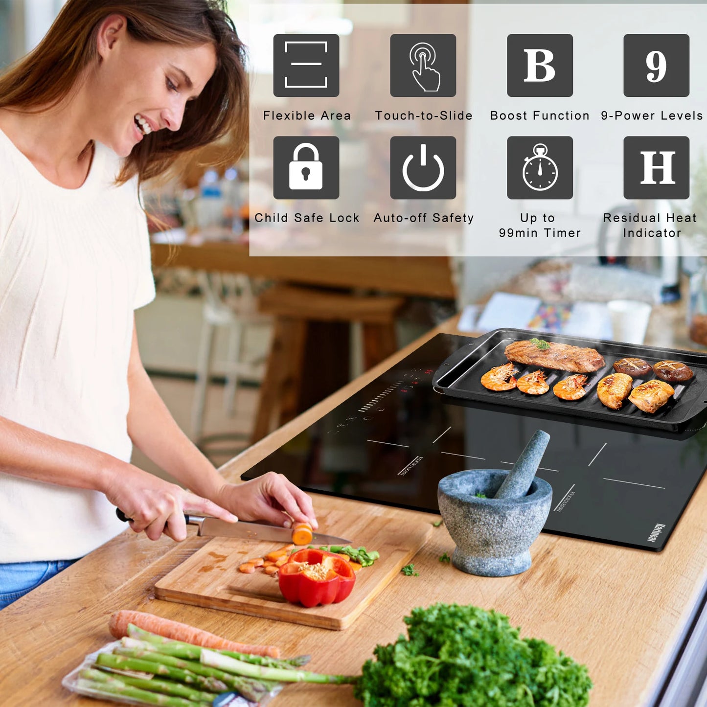 Placa de inducción Karinear integrada de 4 quemadores, placa de inducción eléctrica con zona flexible, control deslizante, temporizador, función de refuerzo, 7200 W