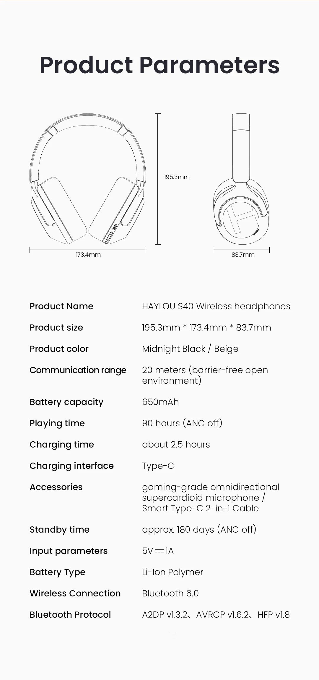 HAYLOU S40 ANC auriculares inalámbricos 50dB cancelación de ruido auriculares de Audio espacial 3D de alta resolución con LDAC Bluetooth 6,0 auriculares sobre la oreja