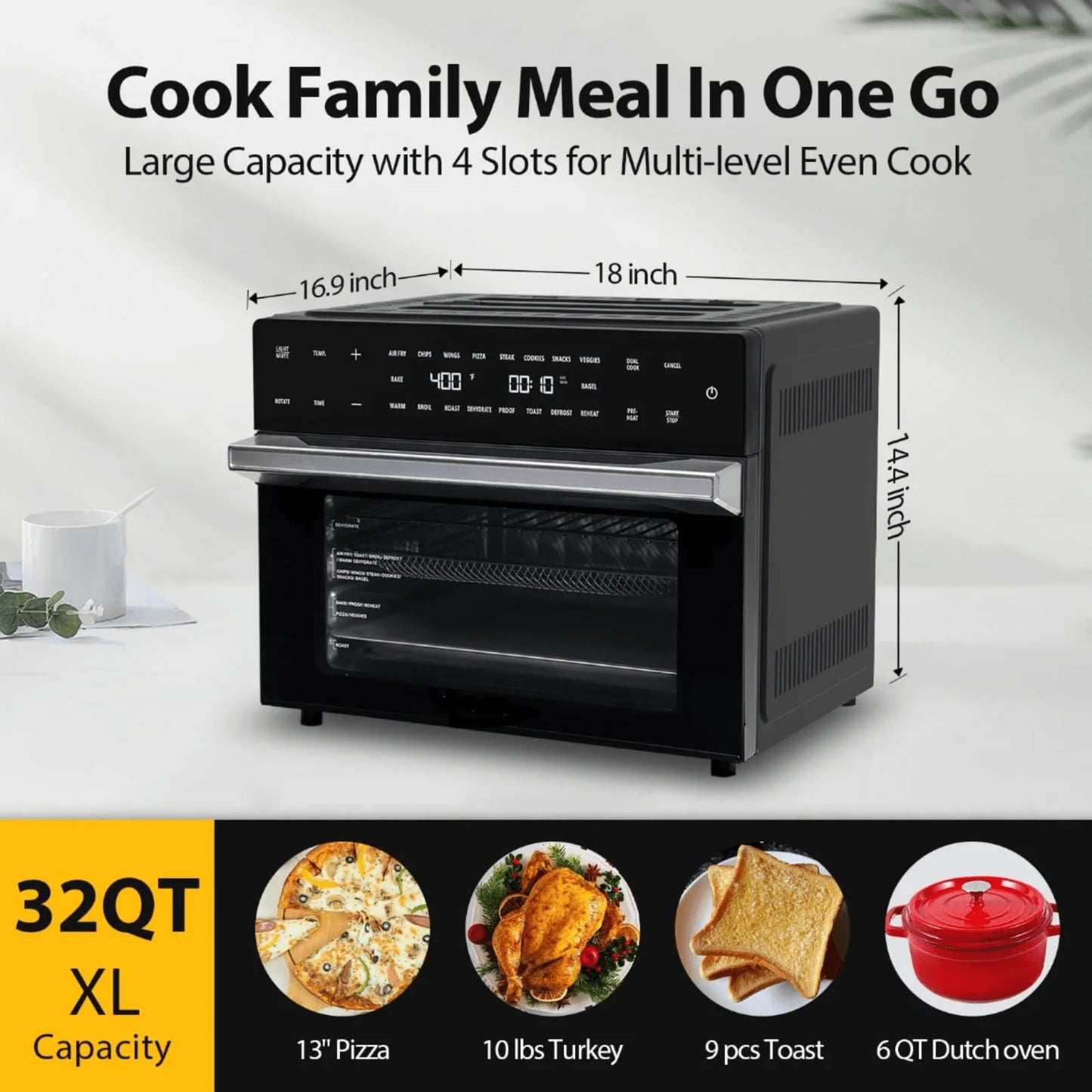 Horno freidora de aire 30L 1800W Cuerpo de acero inoxidable Funciones 18 en 1, freír, hornear, asar, deshidratar y recalentar | 18 preestablecidos | Asador y convección