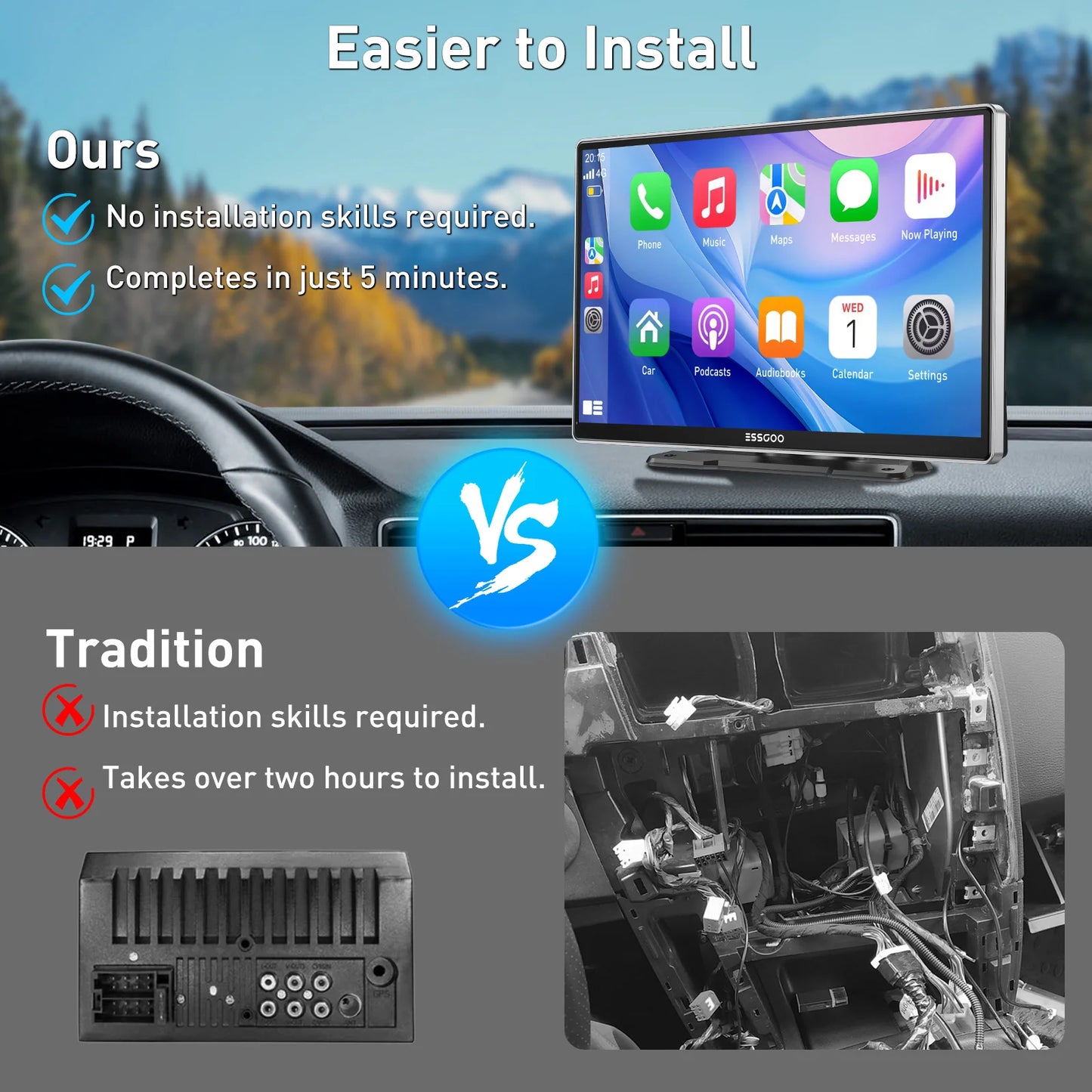 ESSGOO pantalla táctil de 9 pulgadas Radio estéreo portátil para coche inalámbrico Apple Carplay Android Auto USB TF Bluetooth Mirror Link