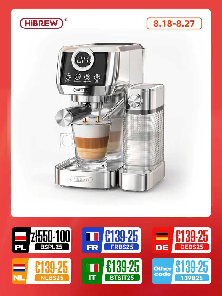 HiBREW-máquina de café expreso semiautomática 3 en 1, capuchino, Latte, espuma de leche automática, café molido, acero inoxidable H13A