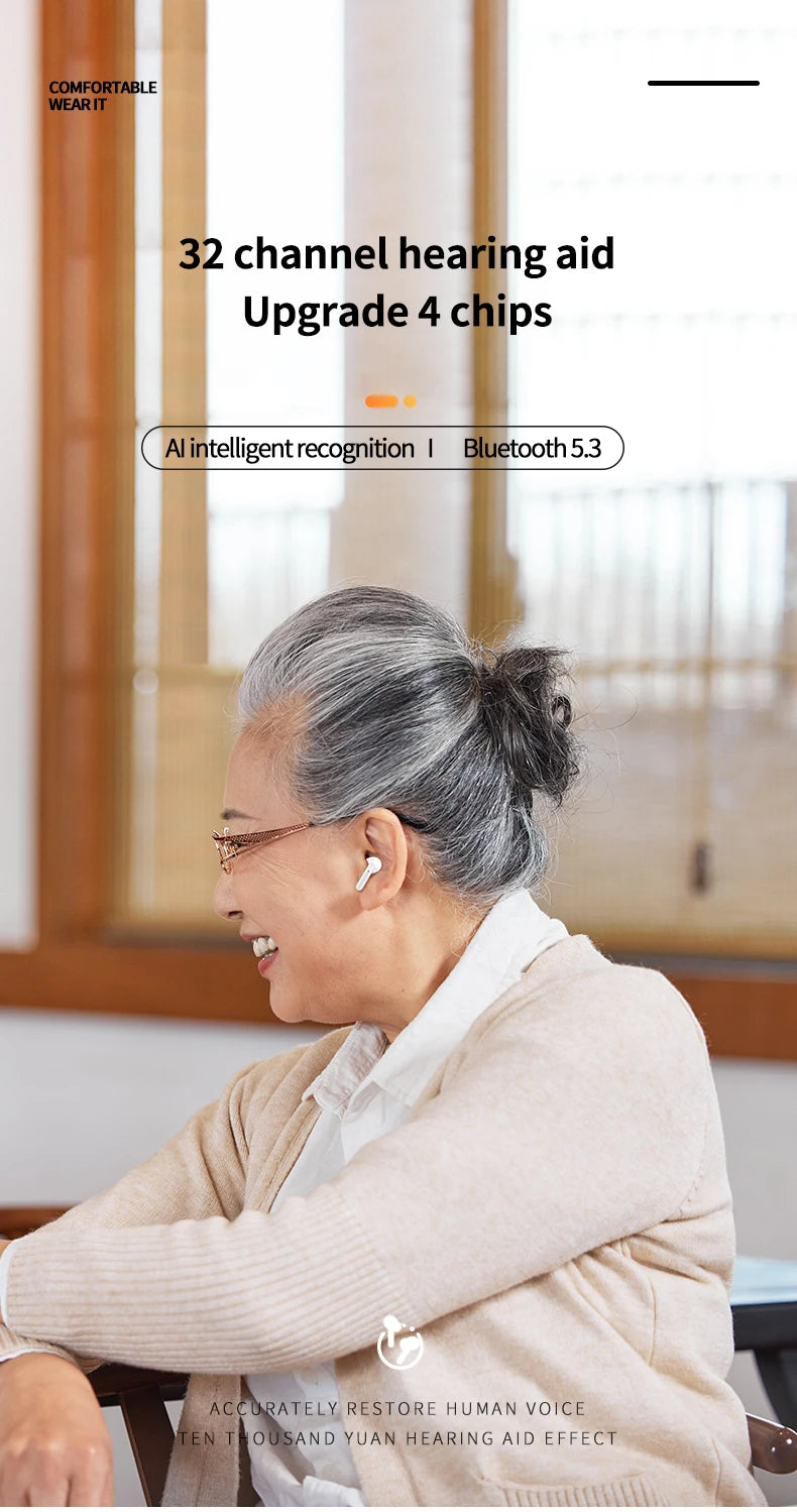 2025 Nuevos auriculares Bluetooth de escucha auxiliar inteligente Auriculares intrauditivos portátiles recargables con reducción de ruido Regalos para personas mayores