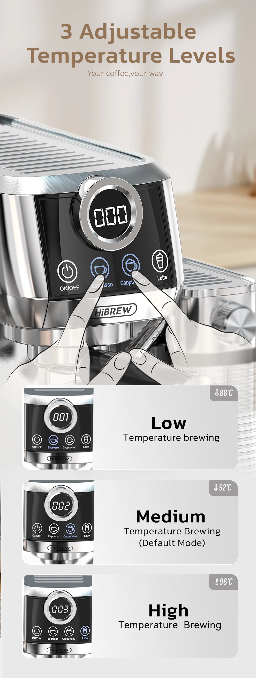 HiBREW-máquina de café expreso semiautomática 3 en 1, capuchino, Latte, espuma de leche automática, café molido, acero inoxidable H13A
