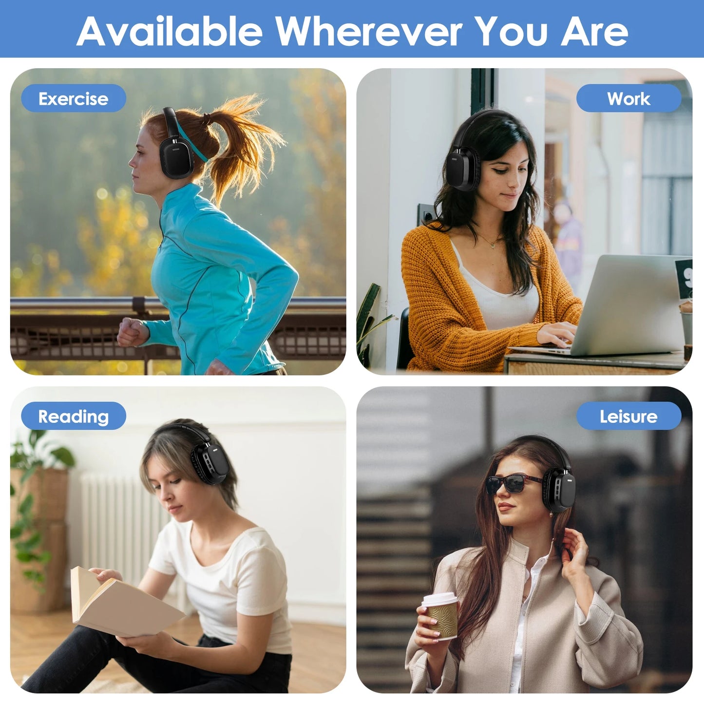 Siindoo JH-927 Auriculares inalámbricos sobre la oreja, 65 horas de reproducción Auriculares Bluetooth con micrófono, Auriculares ligeros plegables para PC
