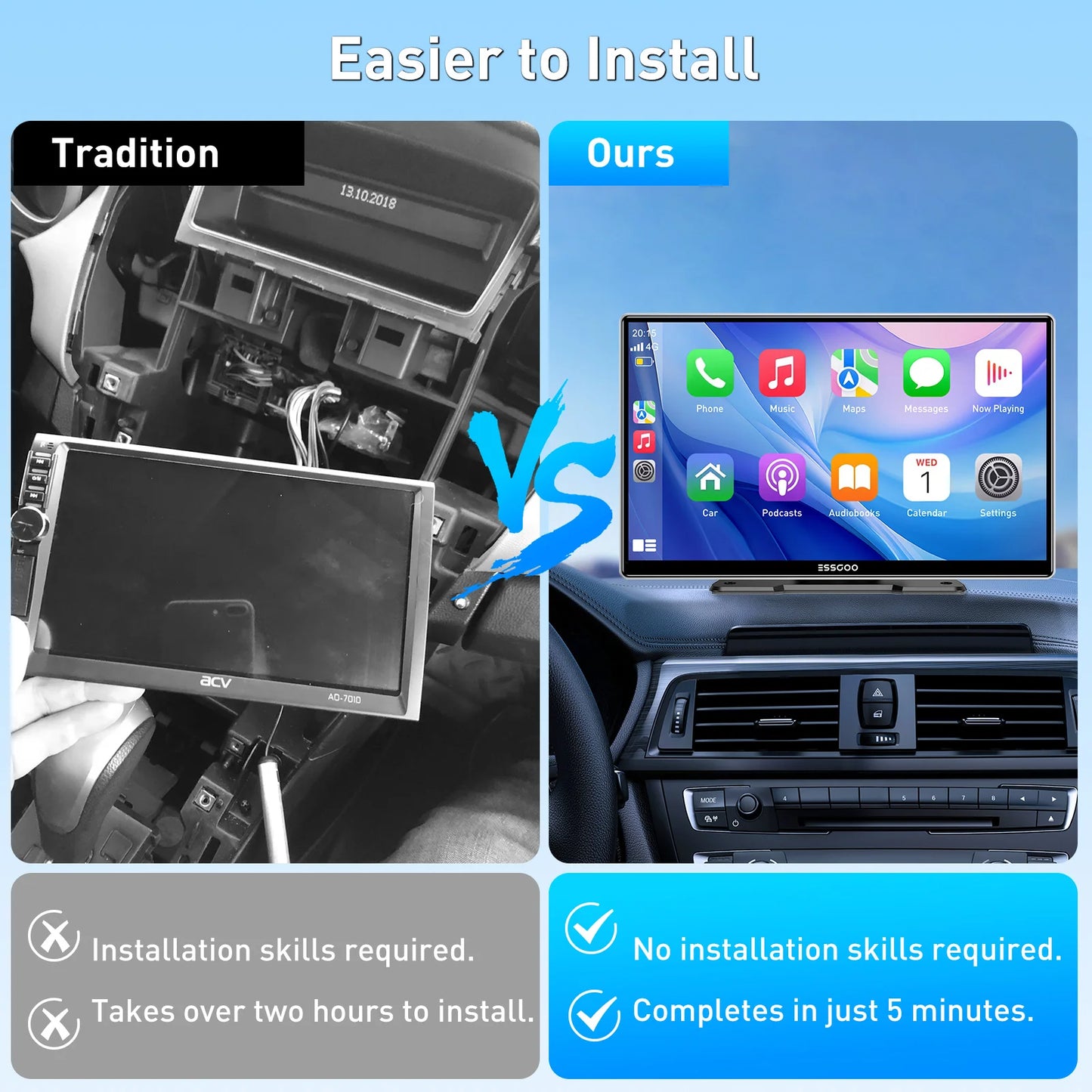 ESSGOO pantalla táctil de 9 pulgadas Radio estéreo portátil para coche inalámbrico Apple Carplay Android Auto USB TF Bluetooth Mirror Link