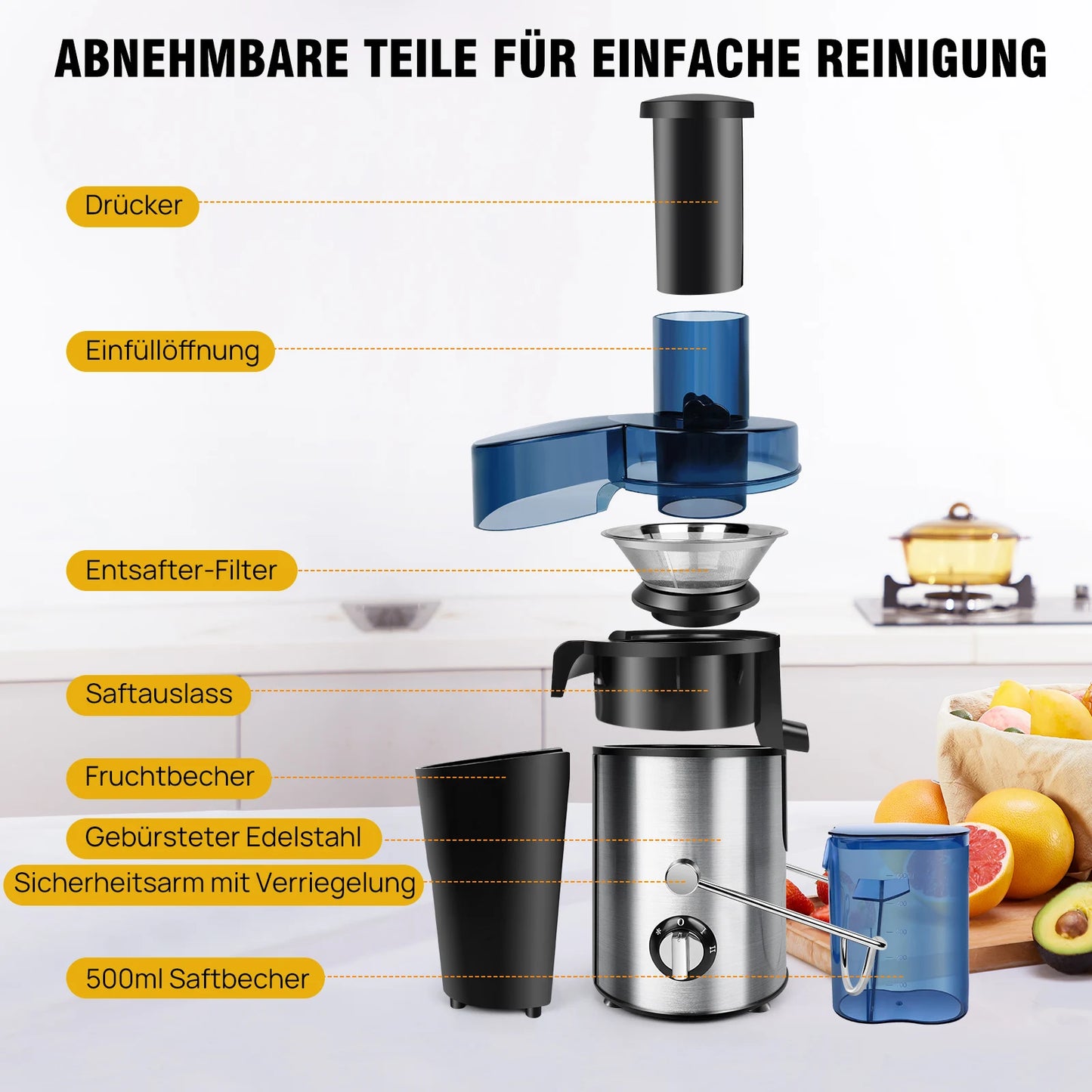 BRIEFNES Extractor de jugo centrífugo 1000W, para frutas y verduras enteras, boca ancha de 65mm, 2 velocidades