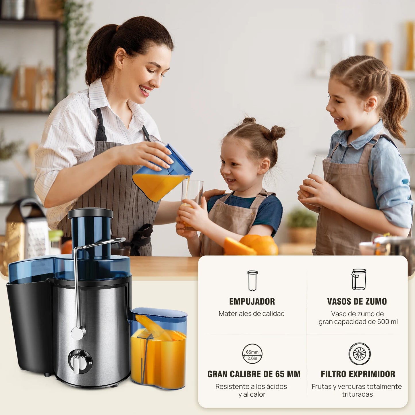 DayPlus Exprimidor, exprimidor centrífuga 900w de frutas y verduras enteras, exprimidor de 2 velocidades de 65 mm de ancho, 500ml