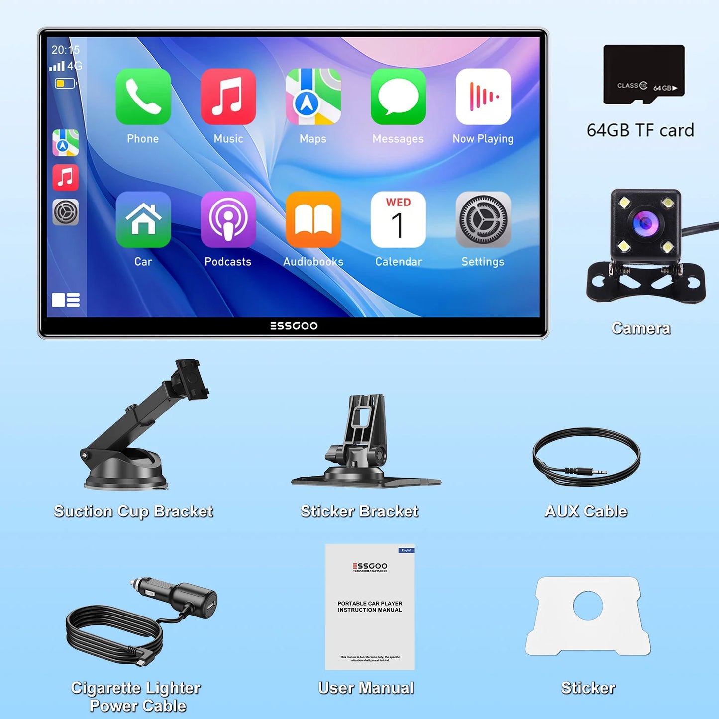 ESSGOO pantalla táctil de 9 pulgadas Radio estéreo portátil para coche inalámbrico Apple Carplay Android Auto USB TF Bluetooth Mirror Link