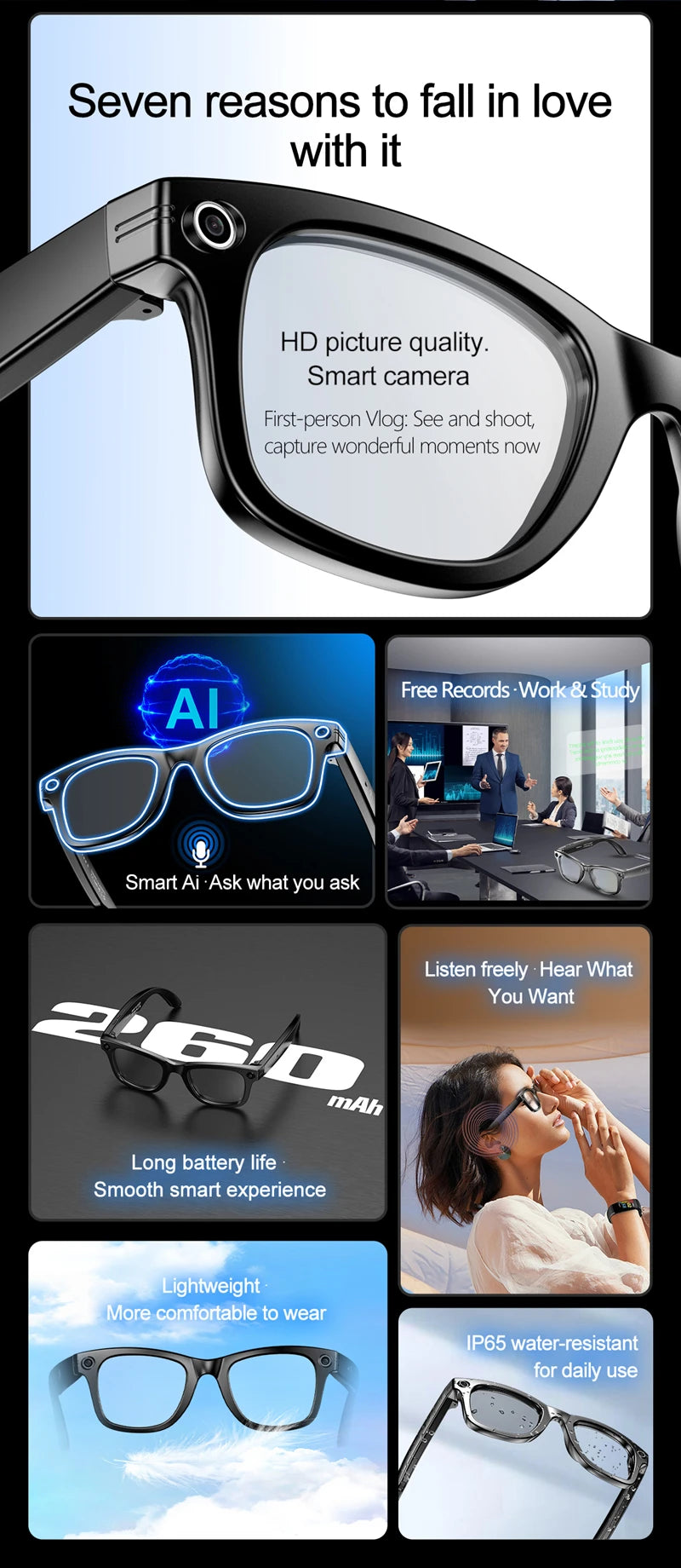 Gafas inteligentes Xiaomi para grabar vídeos, reconocimiento de fotos Ai, traducción de respuesta, batería grande, gafas Bluetooth impermeables Ip65