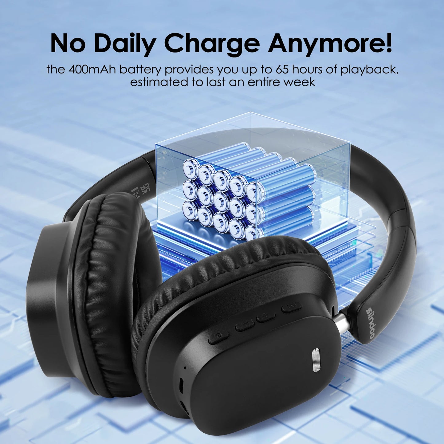 Siindoo JH-927 Auriculares inalámbricos sobre la oreja, 65 horas de reproducción Auriculares Bluetooth con micrófono, Auriculares ligeros plegables para PC