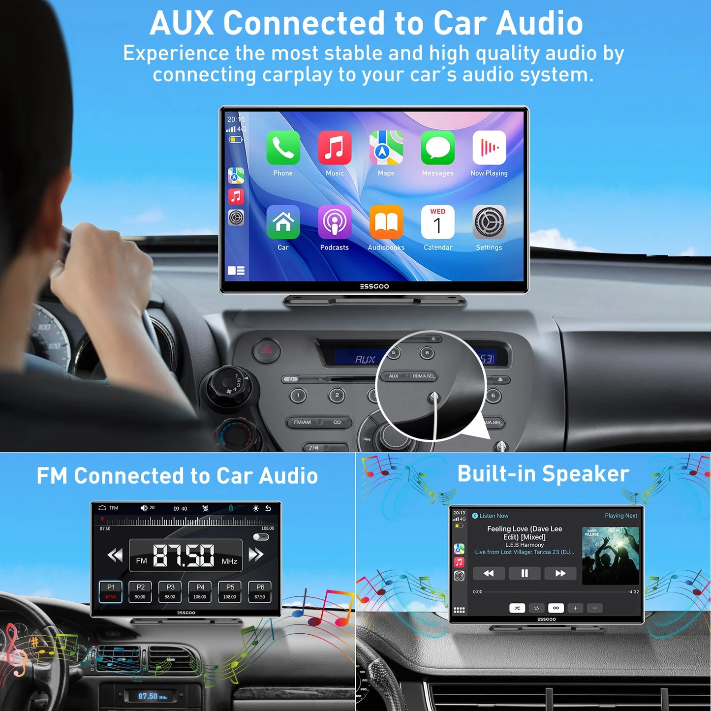 ESSGOO pantalla táctil de 9 pulgadas Radio estéreo portátil para coche inalámbrico Apple Carplay Android Auto USB TF Bluetooth Mirror Link