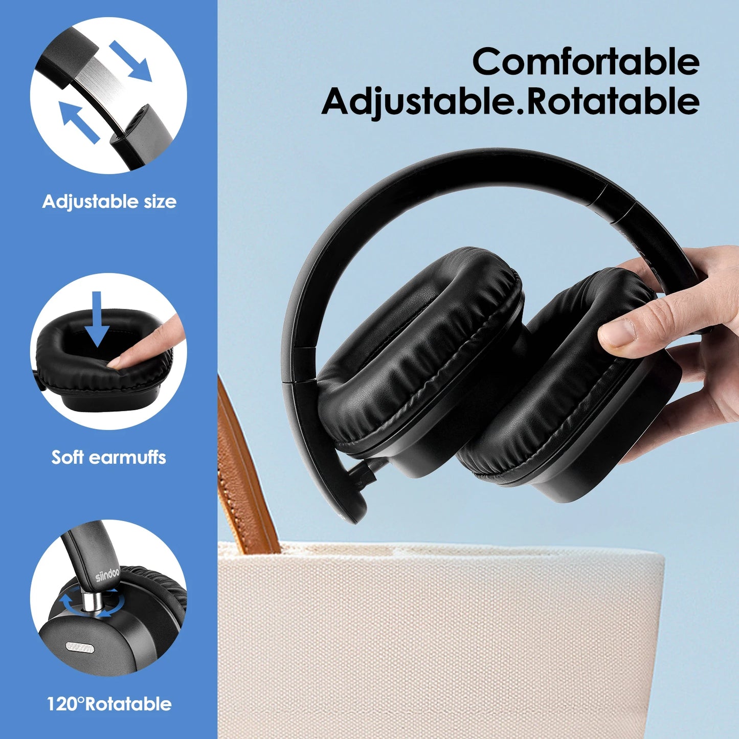 Siindoo JH-927 Auriculares inalámbricos sobre la oreja, 65 horas de reproducción Auriculares Bluetooth con micrófono, Auriculares ligeros plegables para PC