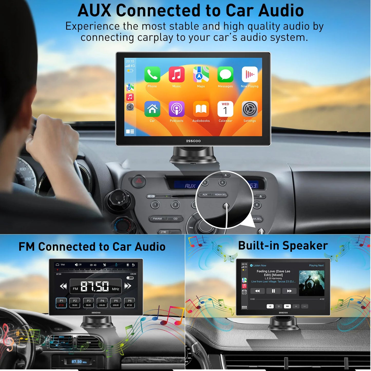 ESSGOO pantalla táctil de 9 pulgadas Radio estéreo portátil para coche inalámbrico Apple Carplay Android Auto USB TF Bluetooth Mirror Link