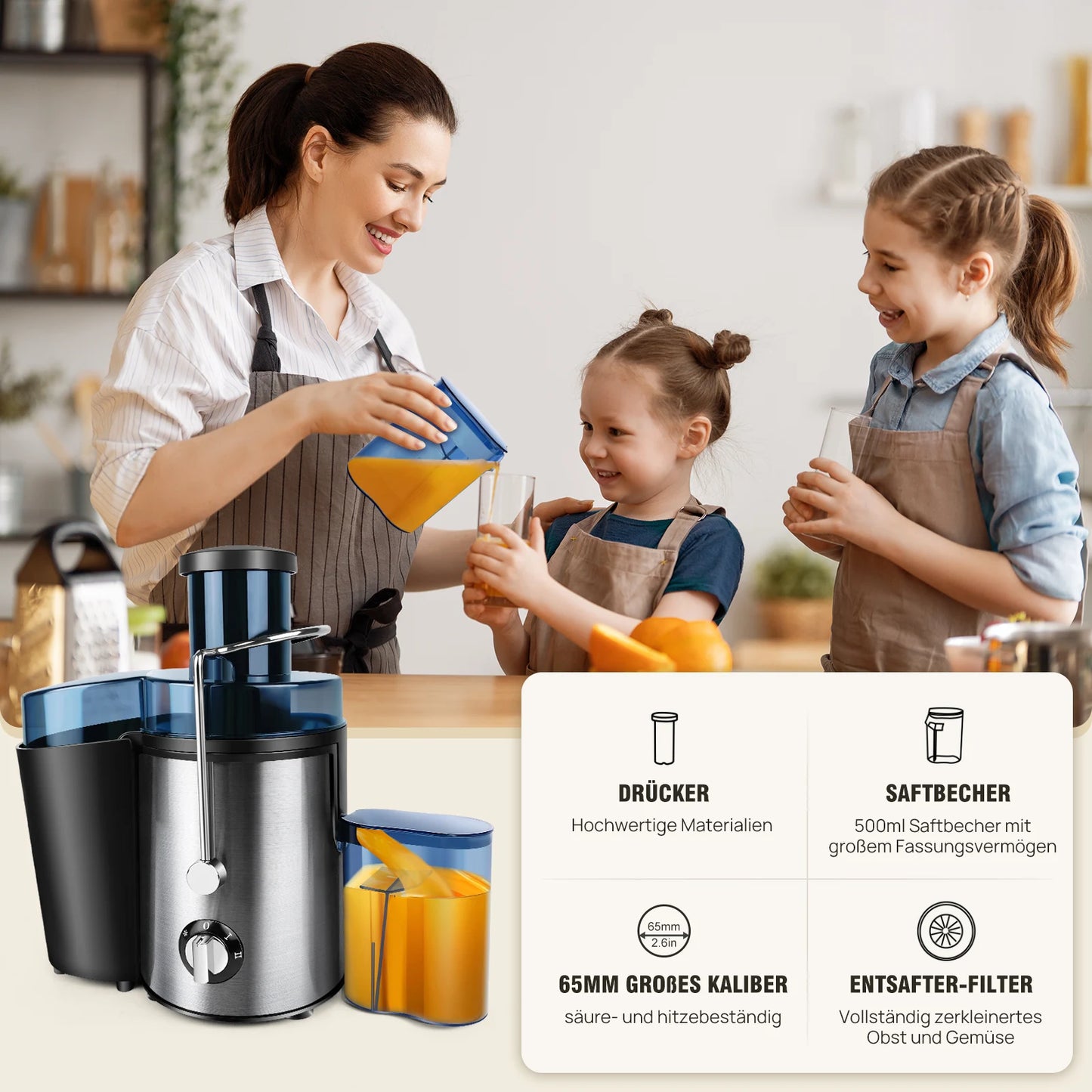 BRIEFNES Extractor de jugo centrífugo 1000W, para frutas y verduras enteras, boca ancha de 65mm, 2 velocidades