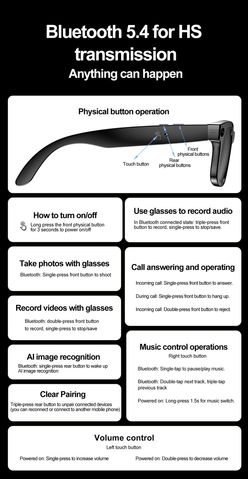 Gafas inteligentes Xiaomi para grabar vídeos, reconocimiento de fotos Ai, traducción de respuesta, batería grande, gafas Bluetooth impermeables Ip65