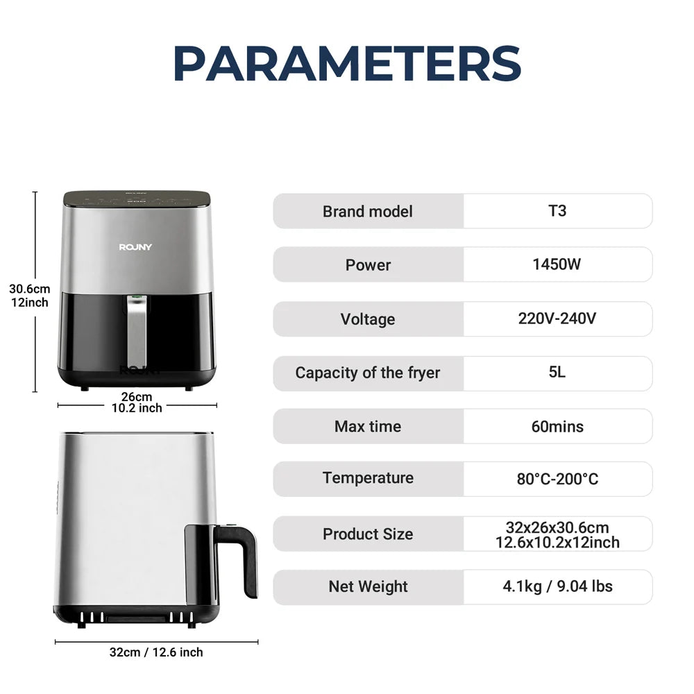 ROUNY Air Fryer 5L, freidora eléctrica sin aceite con control táctil, cesta antiadherente y ventana visible, tamaño familiar