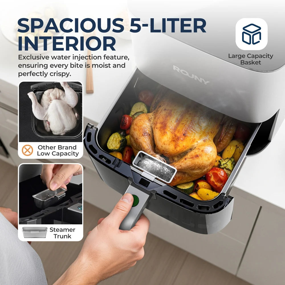 ROUNY Air Fryer 5L, freidora eléctrica sin aceite con control táctil, cesta antiadherente y ventana visible, tamaño familiar