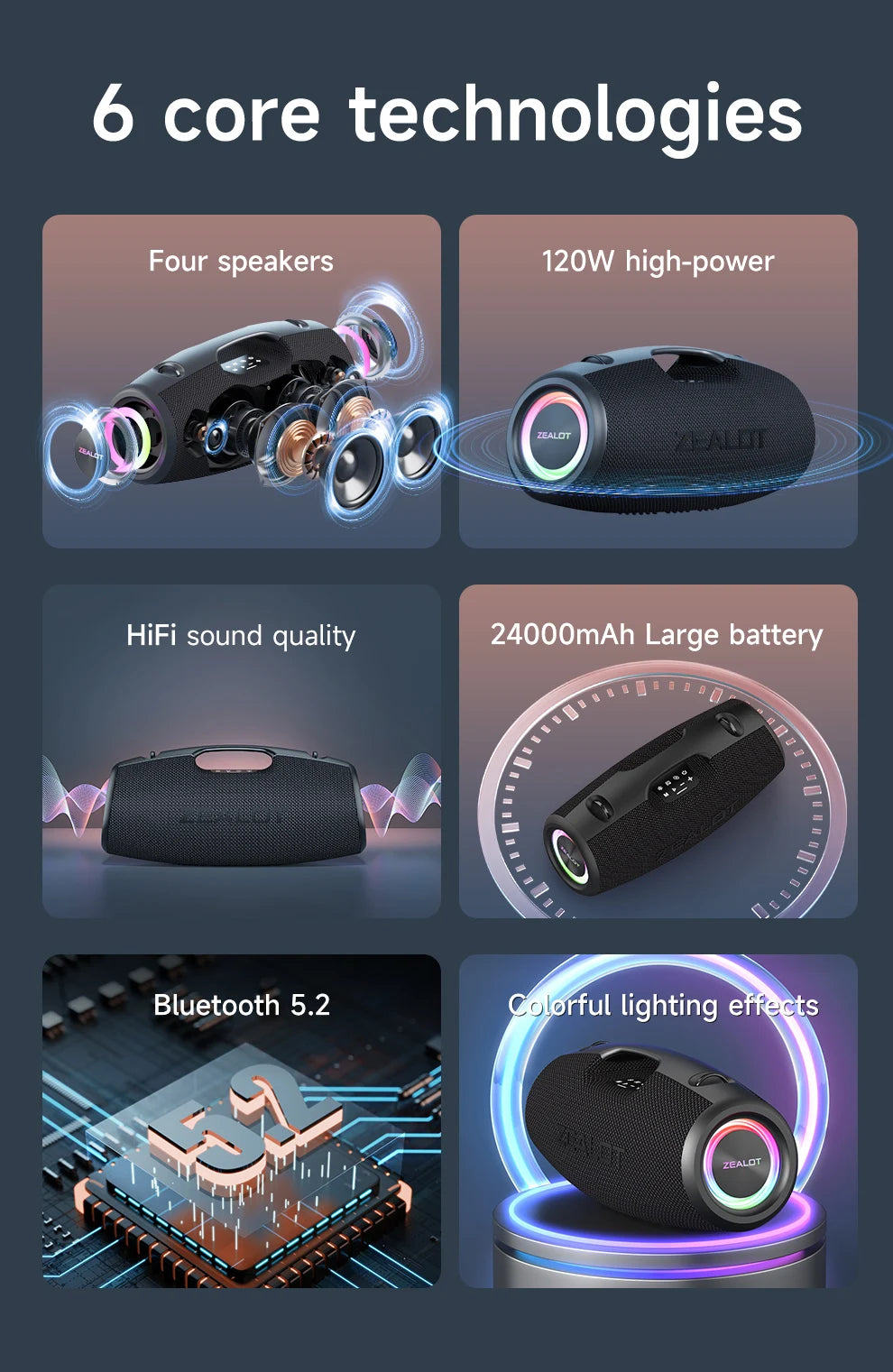 ZEALOT-S78 Altavoz Bluetooth portátil de 120W, altavoz para Fiesta al aire libre, altavoz grande, excelente rendimiento de graves, altavoz Hifi