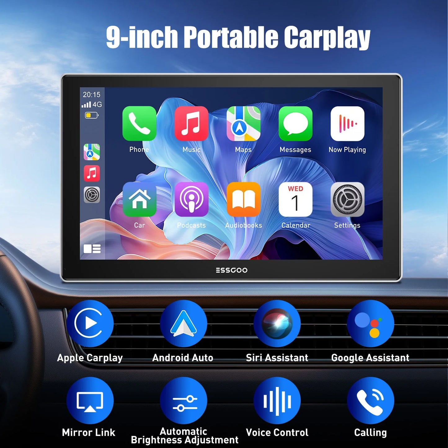 ESSGOO pantalla táctil de 9 pulgadas Radio estéreo portátil para coche inalámbrico Apple Carplay Android Auto USB TF Bluetooth Mirror Link
