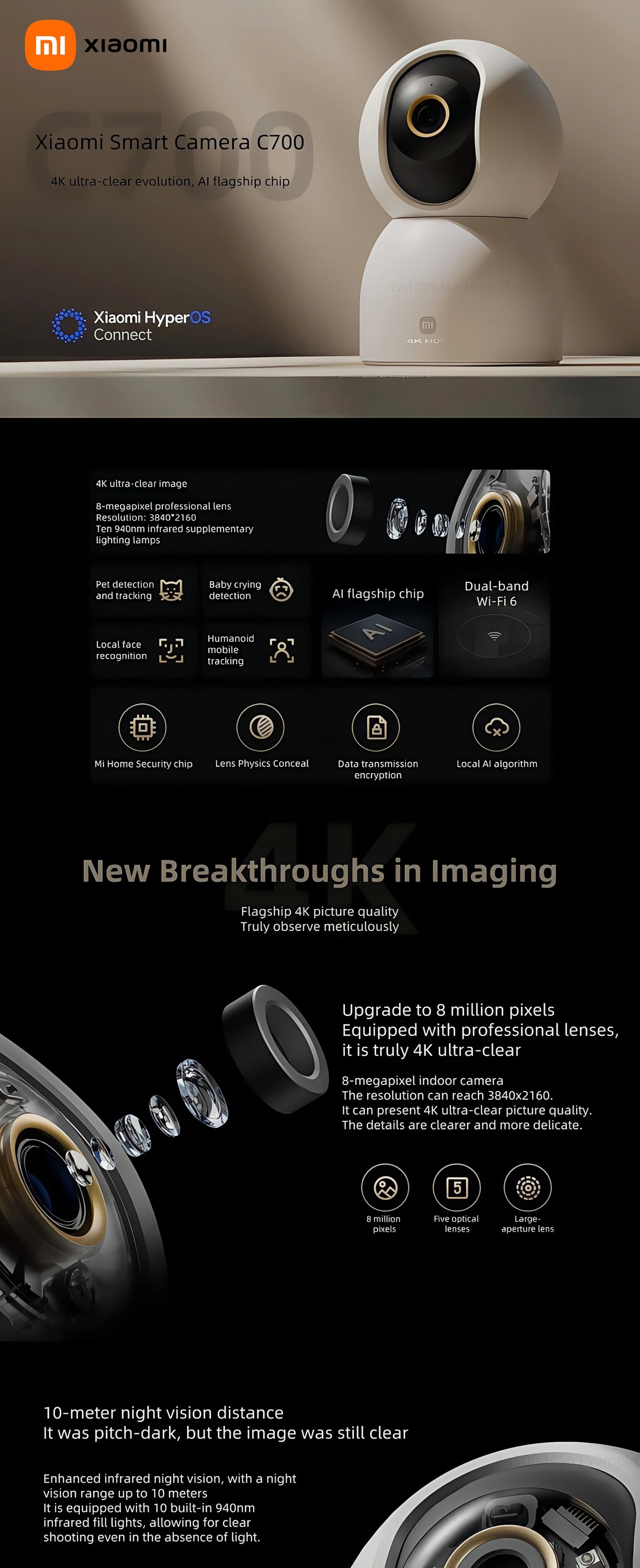 Nueva cámara inteligente Xiaomi C700 8MP 4K Ultra HD de poca luz a todo color detección de llanto de bebé cámara de vigilancia de llamada de voz bidireccional MI