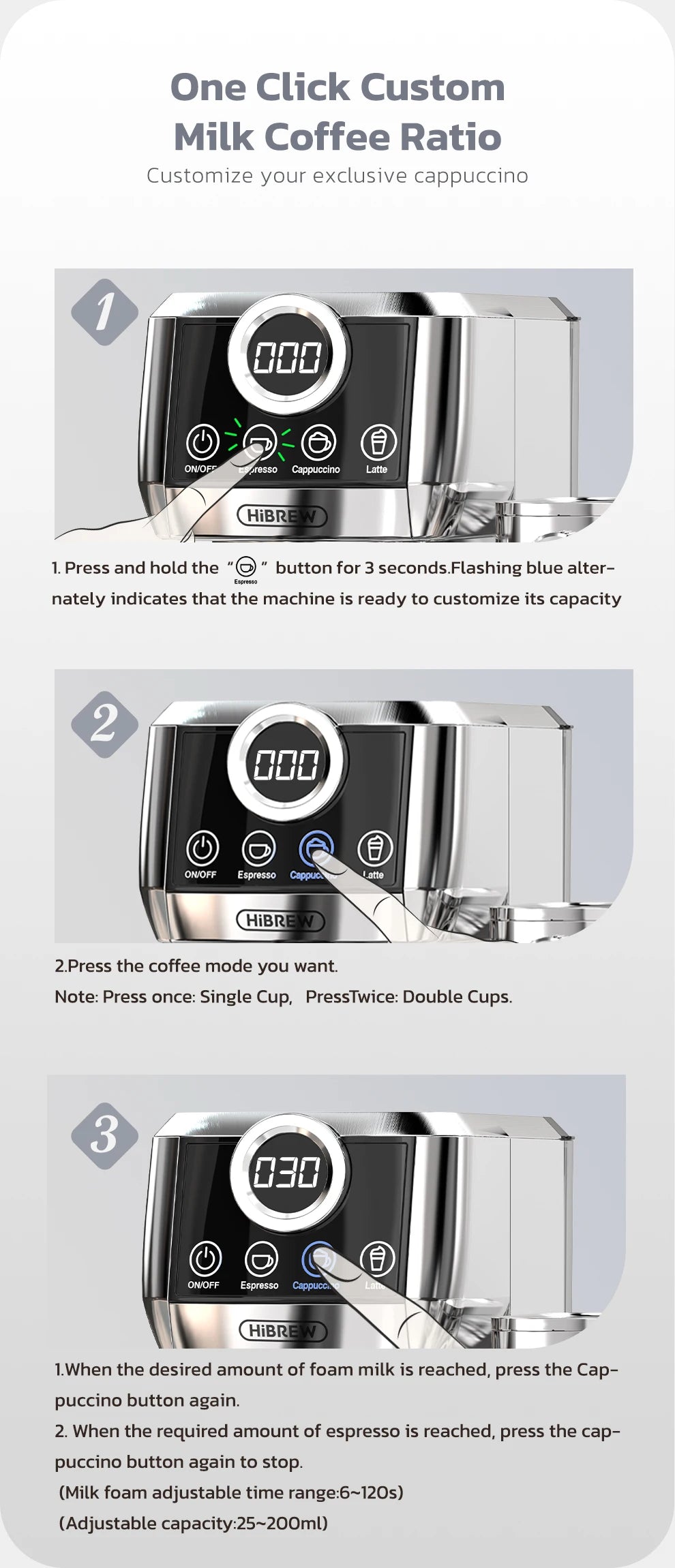 HiBREW-máquina de café expreso semiautomática 3 en 1, capuchino, Latte, espuma de leche automática, café molido, acero inoxidable H13A
