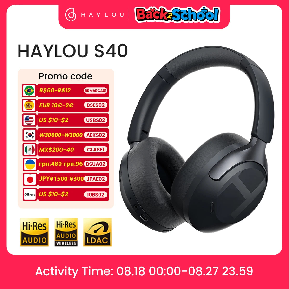 HAYLOU S40 ANC auriculares inalámbricos 50dB cancelación de ruido auriculares de Audio espacial 3D de alta resolución con LDAC Bluetooth 6,0 auriculares sobre la oreja
