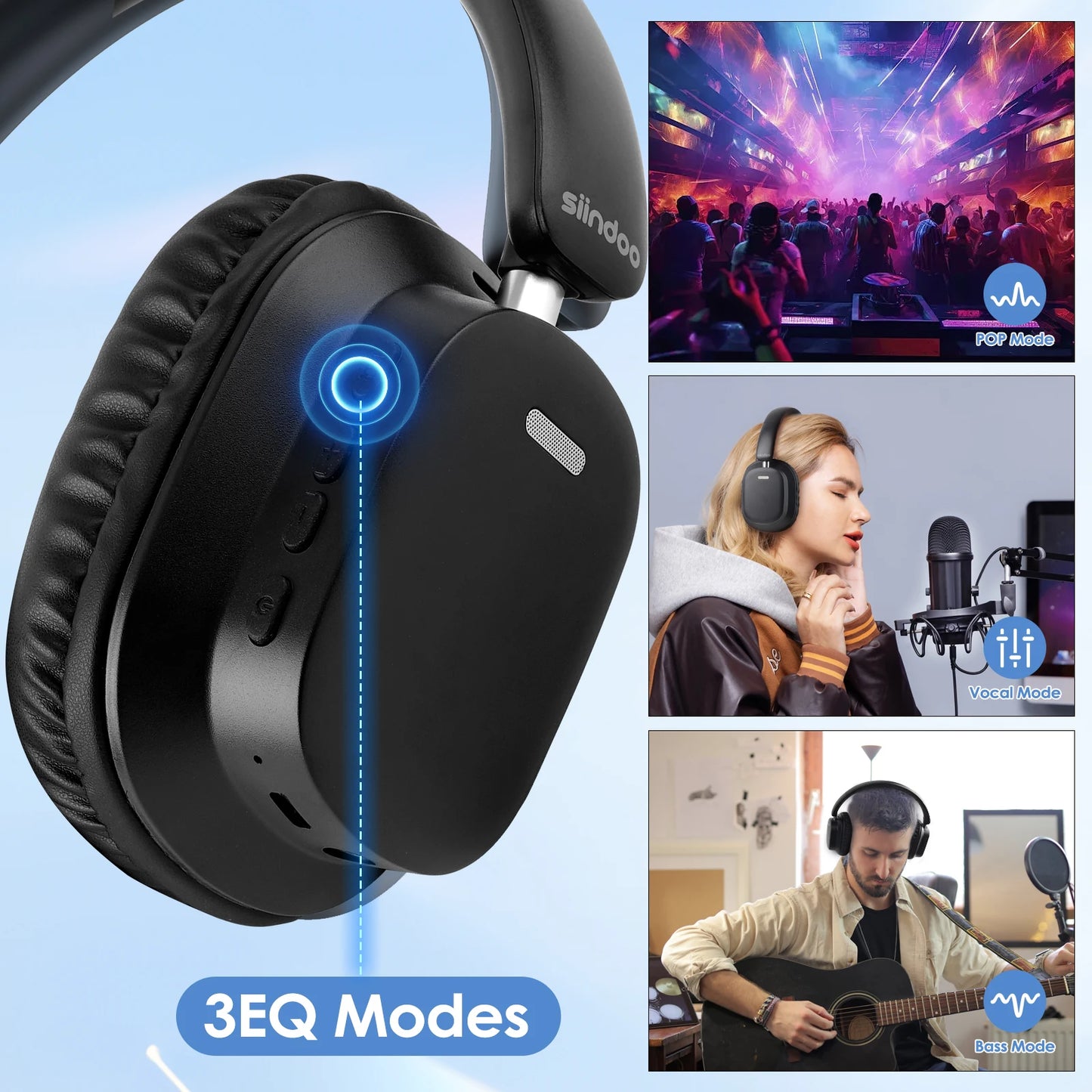 Siindoo JH-927 Auriculares inalámbricos sobre la oreja, 65 horas de reproducción Auriculares Bluetooth con micrófono, Auriculares ligeros plegables para PC