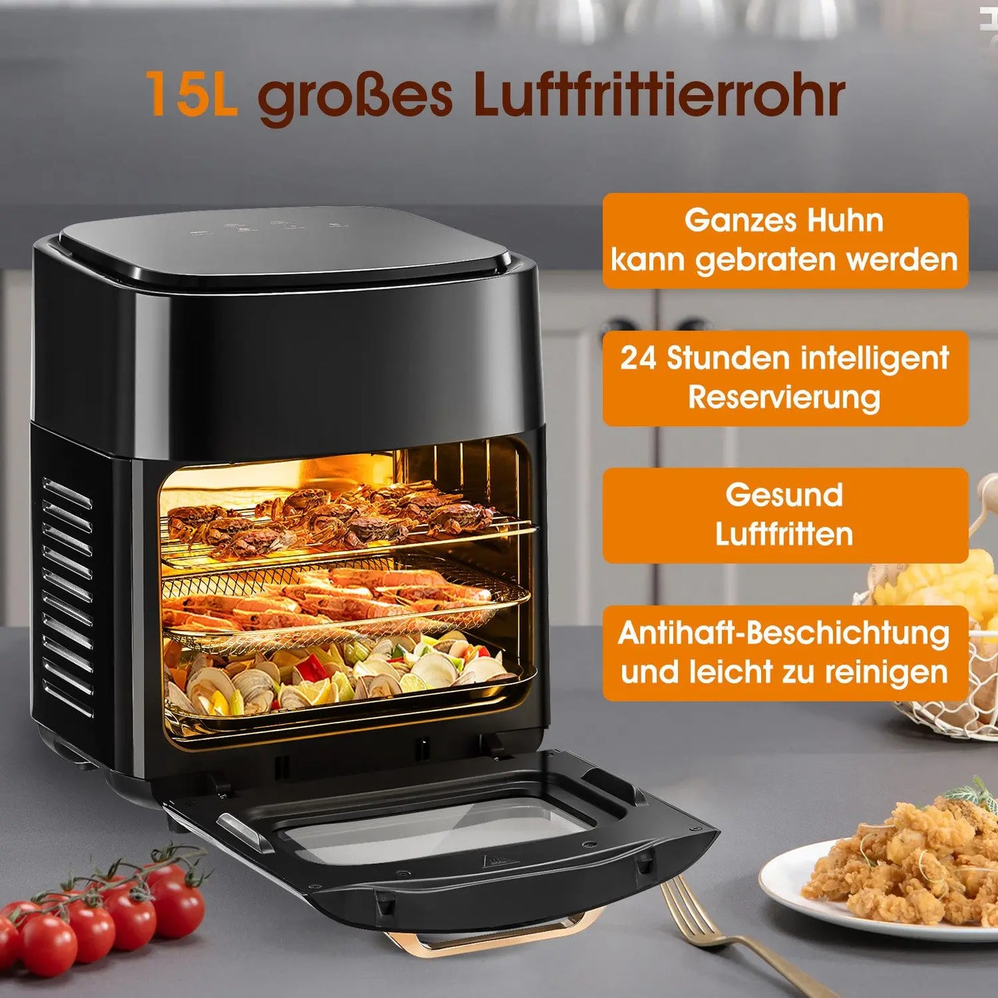 Horno freidora de aire eléctrico grande de 15L, 220V sin aceite, con 6 modos de cocción, horno de convección inteligente de 1800W para el hogar, pantalla táctil LED