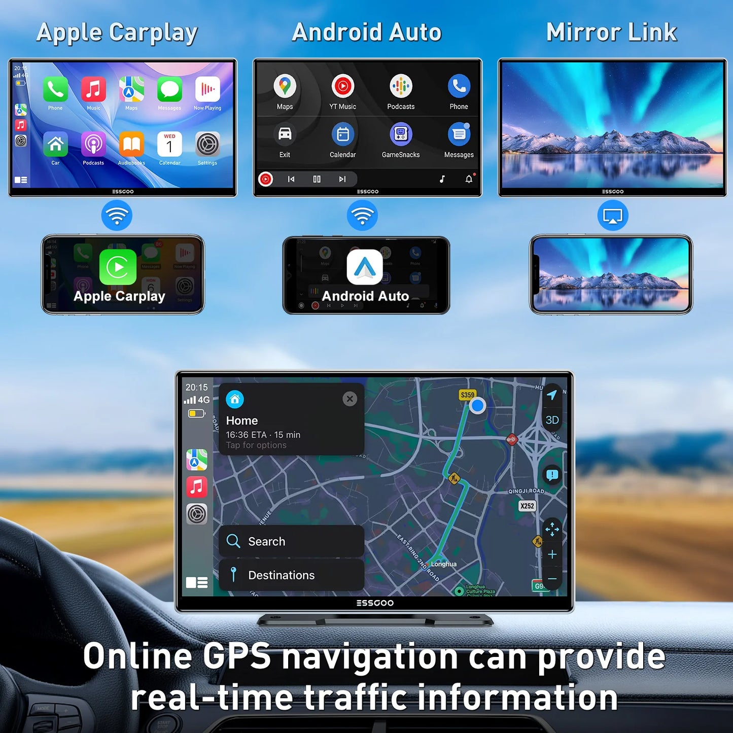 ESSGOO pantalla táctil de 9 pulgadas Radio estéreo portátil para coche inalámbrico Apple Carplay Android Auto USB TF Bluetooth Mirror Link