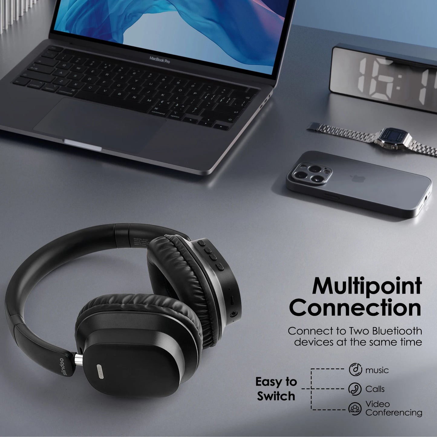 Siindoo JH-927 Auriculares inalámbricos sobre la oreja, 65 horas de reproducción Auriculares Bluetooth con micrófono, Auriculares ligeros plegables para PC