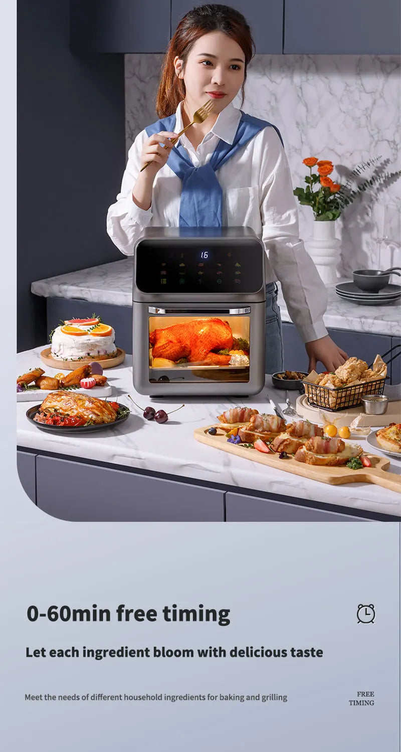 Freidoras de aire eléctricas de gran capacidad de 10L, cocina doméstica automática sin aceite 360 ° Horno de convección para hornear freidora sin aceite