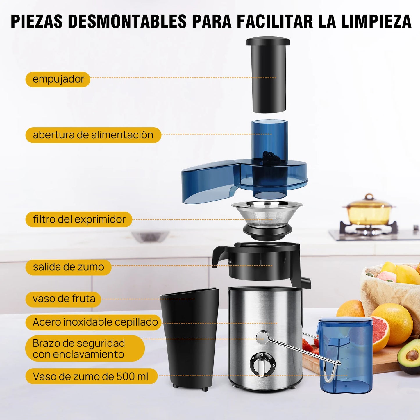 DayPlus Exprimidor, exprimidor centrífuga 900w de frutas y verduras enteras, exprimidor de 2 velocidades de 65 mm de ancho, 500ml