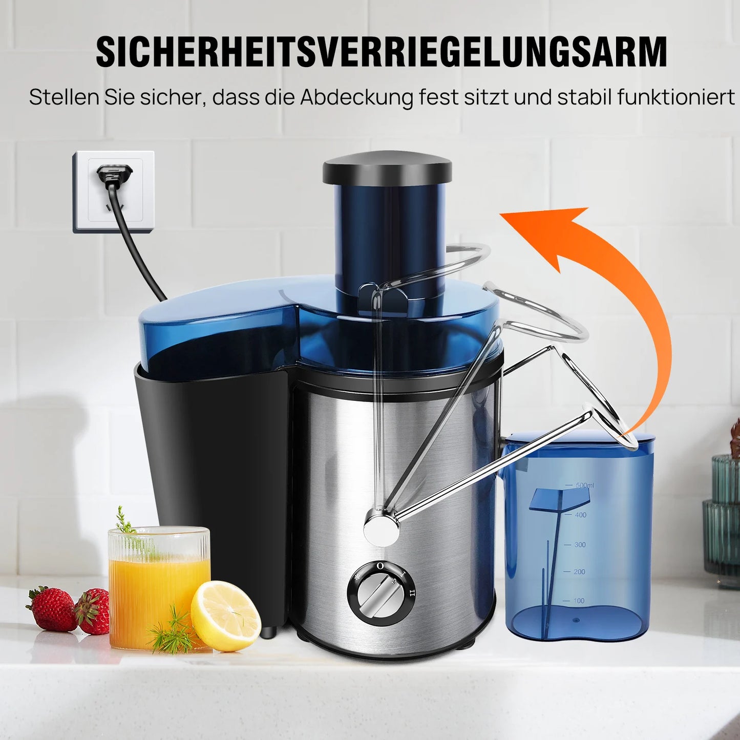 BRIEFNES Extractor de jugo centrífugo 1000W, para frutas y verduras enteras, boca ancha de 65mm, 2 velocidades