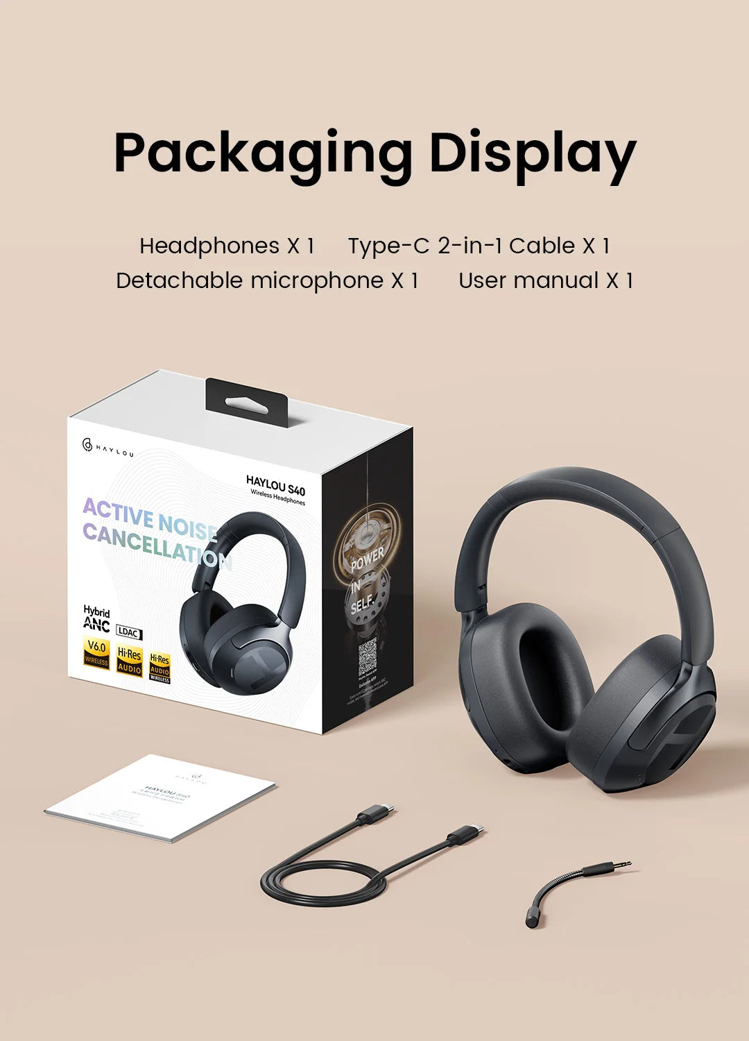 HAYLOU S40 ANC auriculares inalámbricos 50dB cancelación de ruido auriculares de Audio espacial 3D de alta resolución con LDAC Bluetooth 6,0 auriculares sobre la oreja