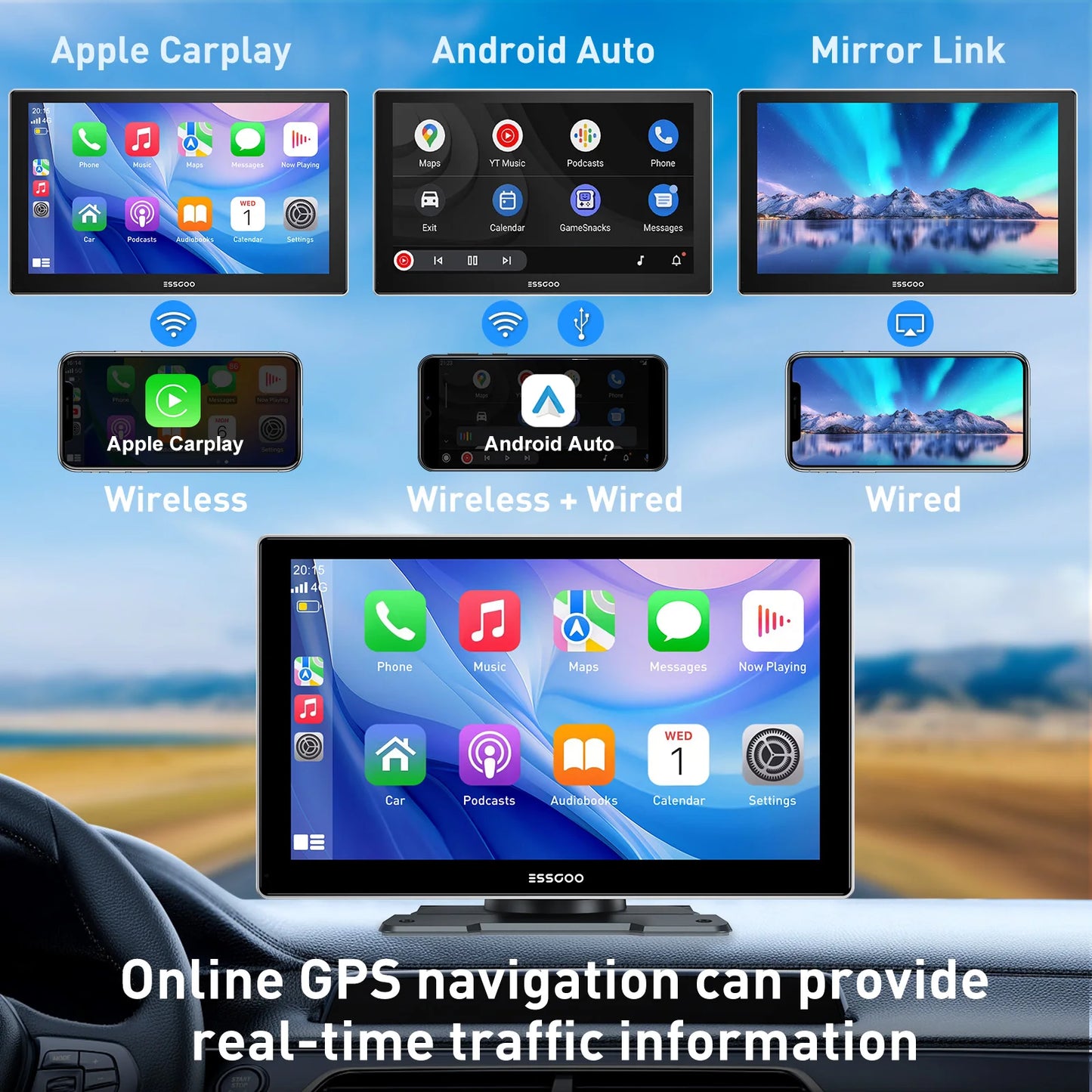 ESSGOO pantalla táctil de 9 pulgadas Radio estéreo portátil para coche inalámbrico Apple Carplay Android Auto USB TF Bluetooth Mirror Link