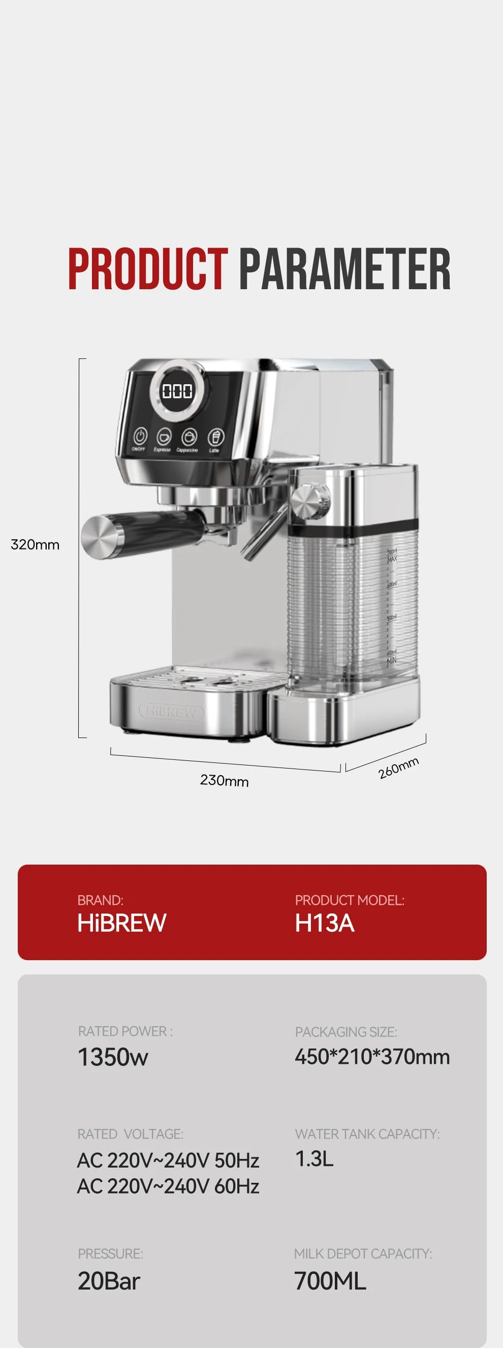 HiBREW-máquina de café expreso semiautomática 3 en 1, capuchino, Latte, espuma de leche automática, café molido, acero inoxidable H13A