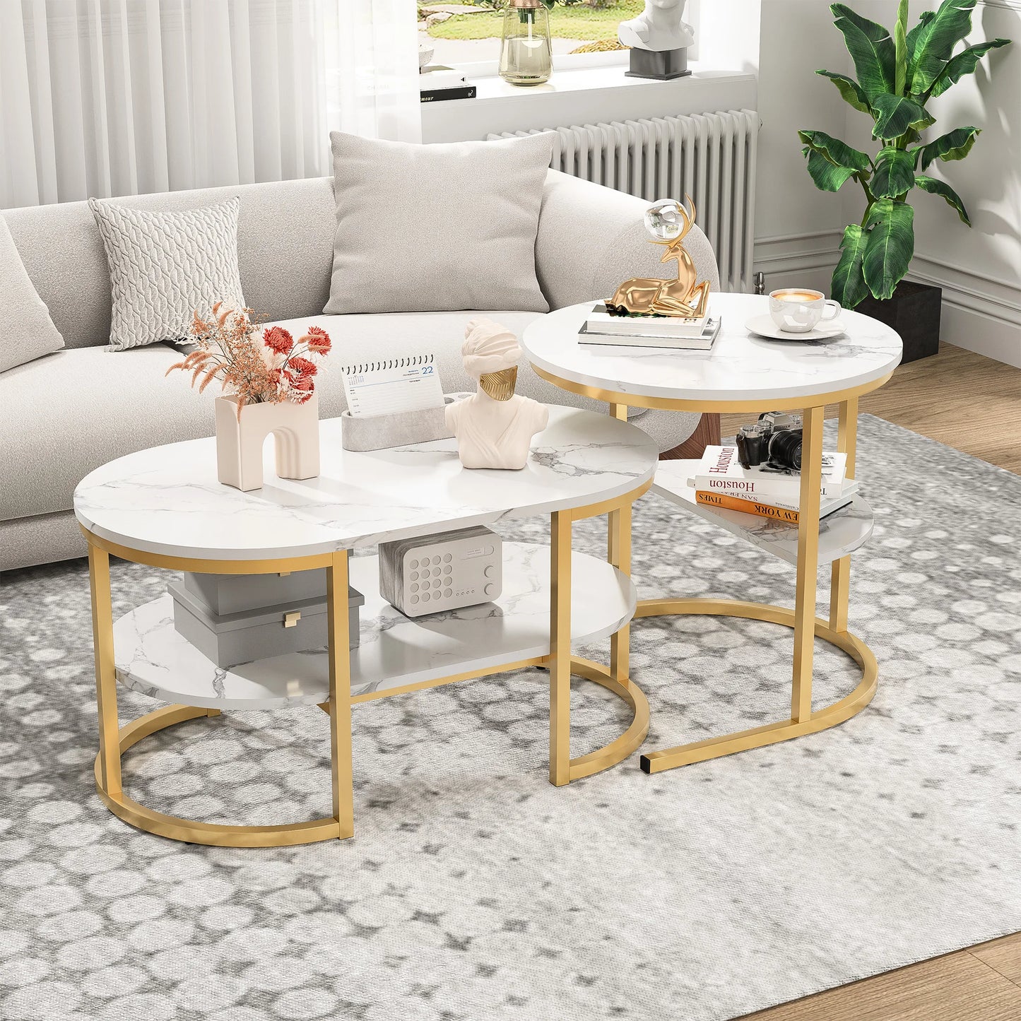 Mesa de centro moderna para sala de estar, mueble de Metal negro, 2 piezas, color blanco