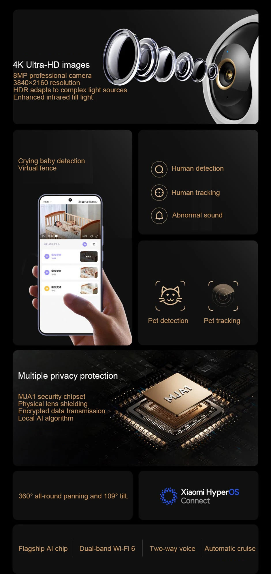 Nueva cámara inteligente xiaomiI 4 Wi-Fi de doble banda 68MP 4K HDR seguimiento AI, visión nocturna Audio bidireccional , Monitor de bebé de seguridad para el hogar CCTV CN