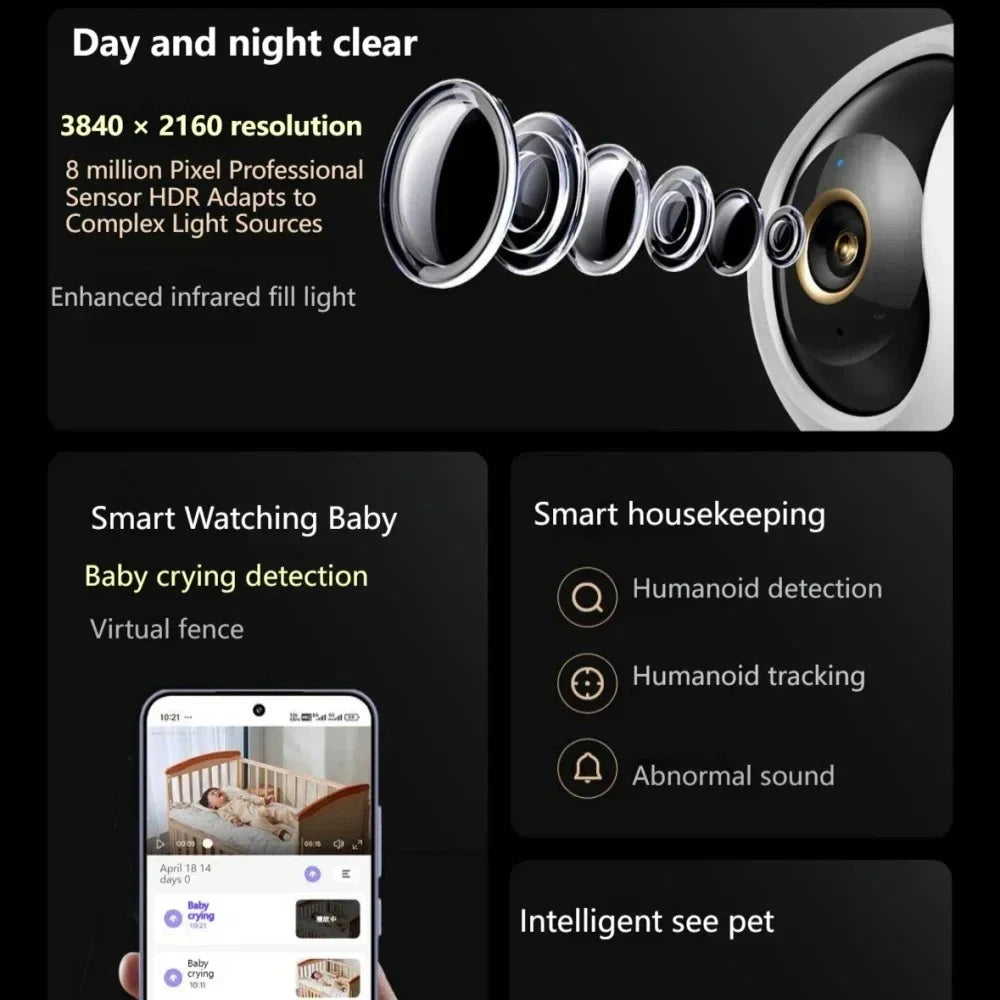 Nueva cámara inteligente xiaomiI 4 Wi-Fi de doble banda 68MP 4K HDR seguimiento AI, visión nocturna Audio bidireccional , Monitor de bebé de seguridad para el hogar CCTV CN