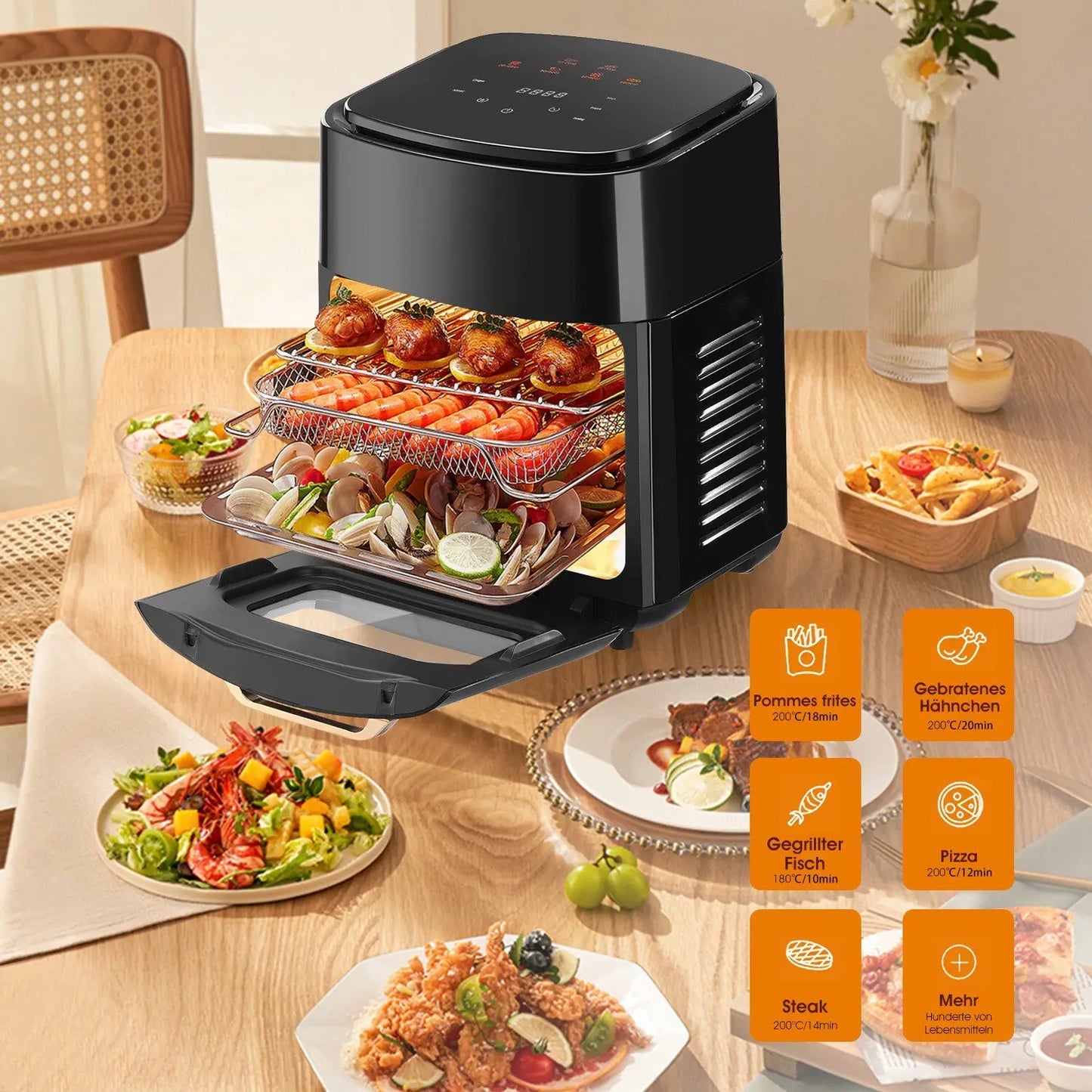 Horno freidora de aire eléctrico grande de 15L, 220V sin aceite, con 6 modos de cocción, horno de convección inteligente de 1800W para el hogar, pantalla táctil LED