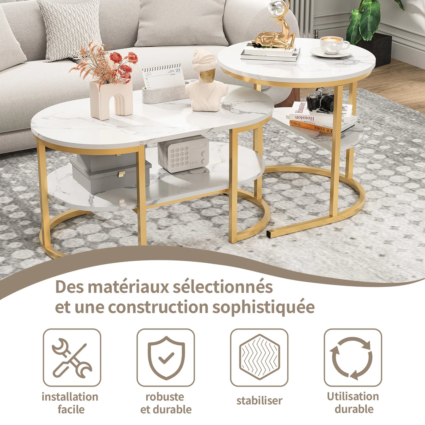 Mesa de centro moderna para sala de estar, mueble de Metal negro, 2 piezas, color blanco