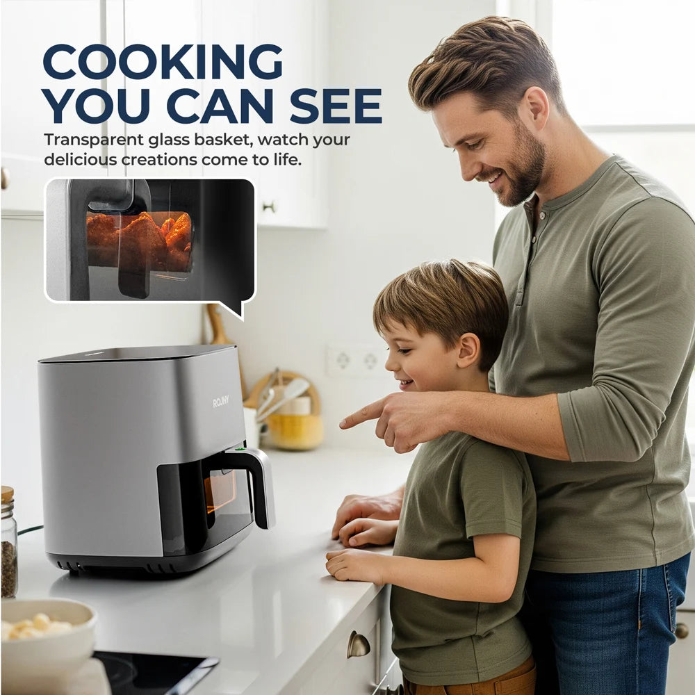 ROUNY Air Fryer 5L, freidora eléctrica sin aceite con control táctil, cesta antiadherente y ventana visible, tamaño familiar