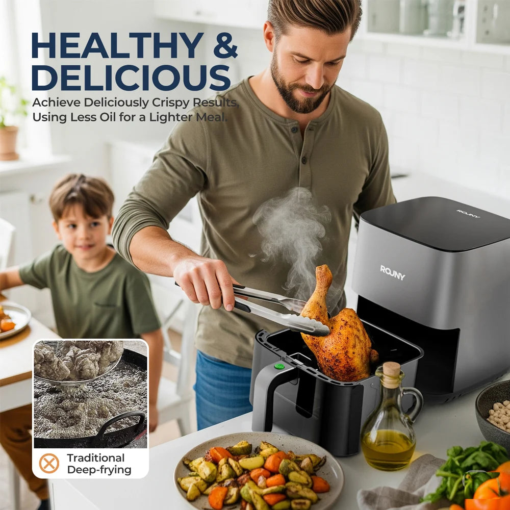 ROUNY Air Fryer 5L, freidora eléctrica sin aceite con control táctil, cesta antiadherente y ventana visible, tamaño familiar