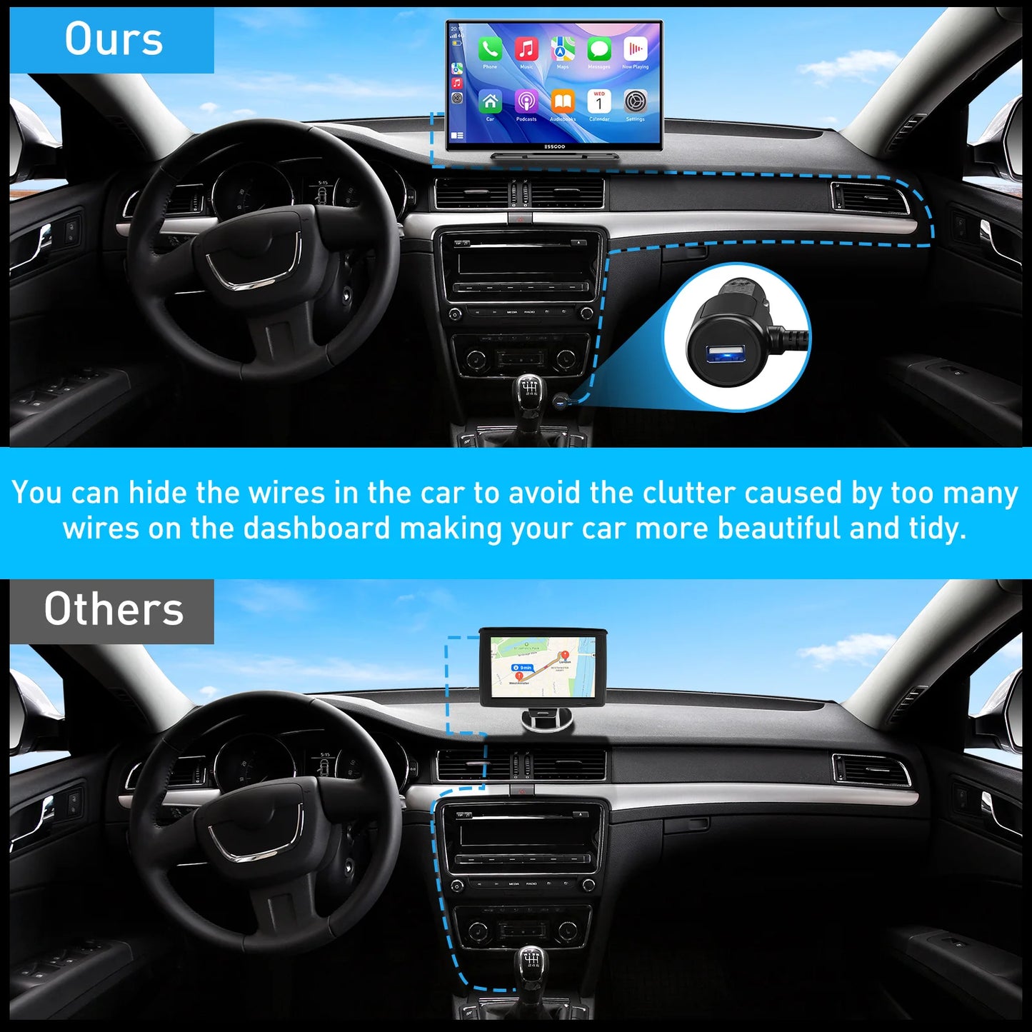 ESSGOO pantalla táctil de 9 pulgadas Radio estéreo portátil para coche inalámbrico Apple Carplay Android Auto USB TF Bluetooth Mirror Link