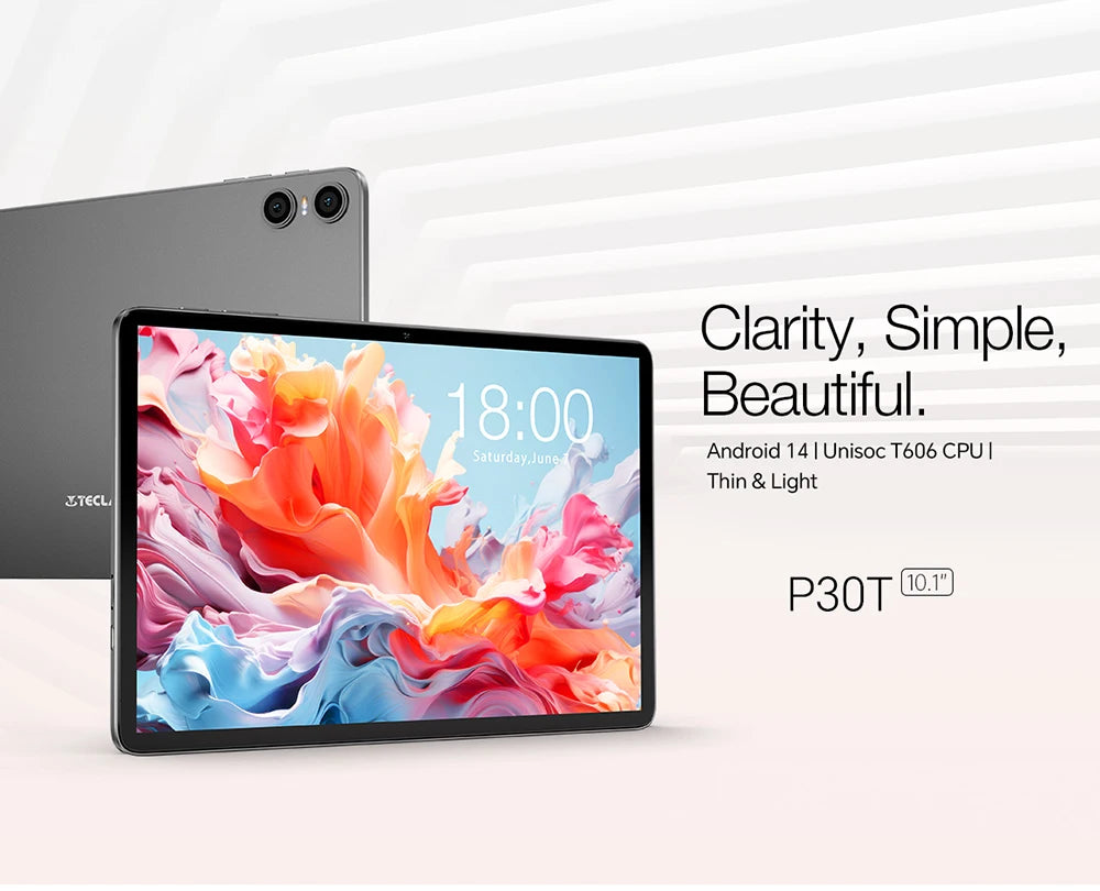 Teclast P30T Tableta, 10,1 pulgadas 1280x800, Android 14, Wi-Fi 6, Unisoc T606 Octa Núcleo, (4GB+6GB)10GB de RAM, 128GB de ROM(Soporte TF 1TB), 5MP+2MP, 6000mAh, Type C, Mali G57