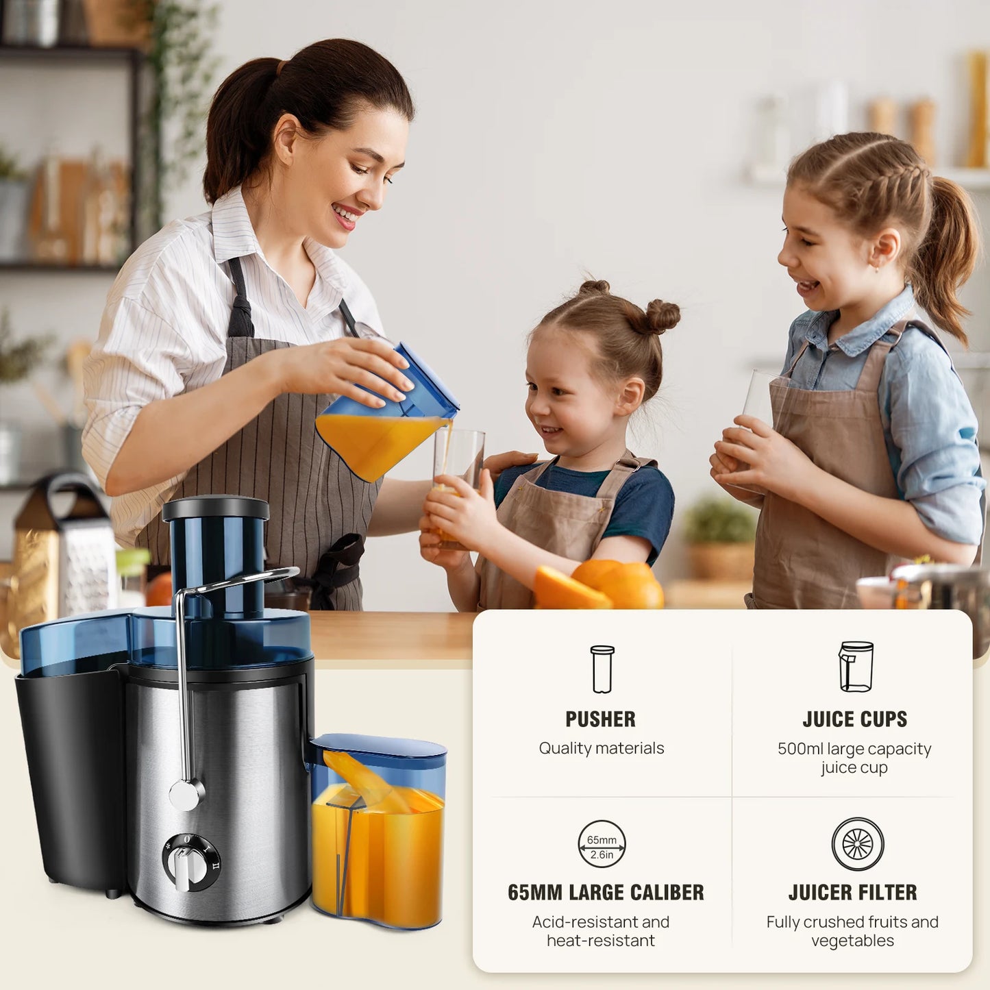 DayPlus Exprimidor, exprimidor centrífuga 900w de frutas y verduras enteras, exprimidor de 2 velocidades de 65 mm de ancho, 500ml