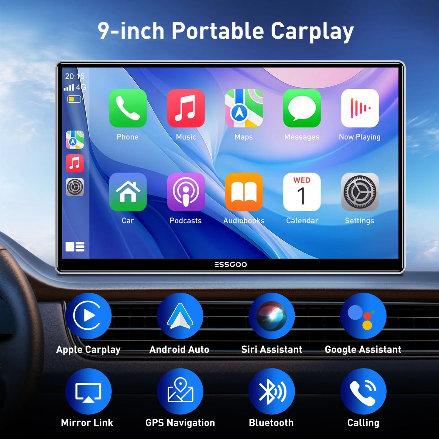 ESSGOO pantalla táctil de 9 pulgadas Radio estéreo portátil para coche inalámbrico Apple Carplay Android Auto USB TF Bluetooth Mirror Link