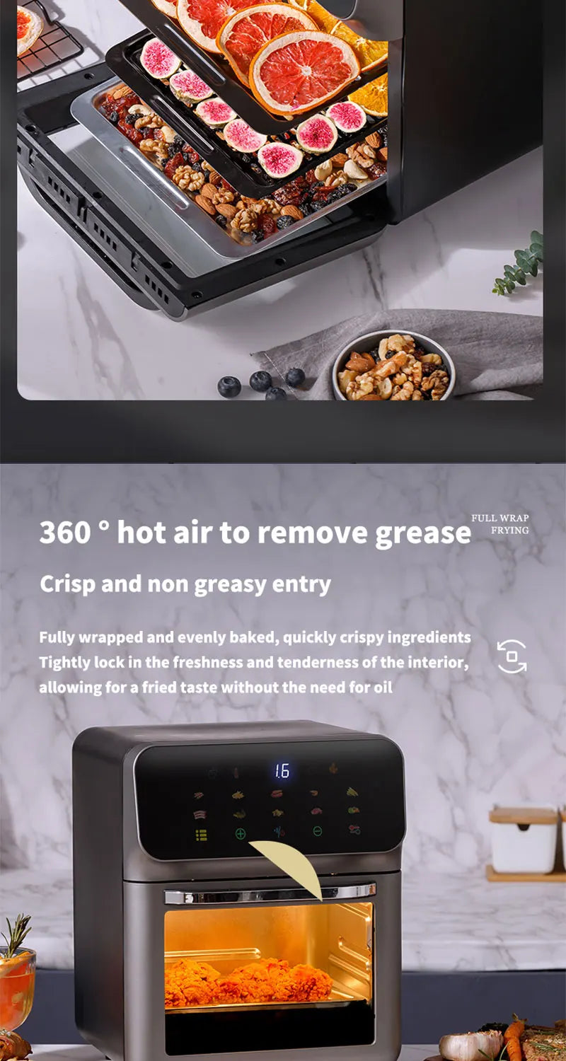 Freidoras de aire eléctricas de gran capacidad de 10L, cocina doméstica automática sin aceite 360 ° Horno de convección para hornear freidora sin aceite