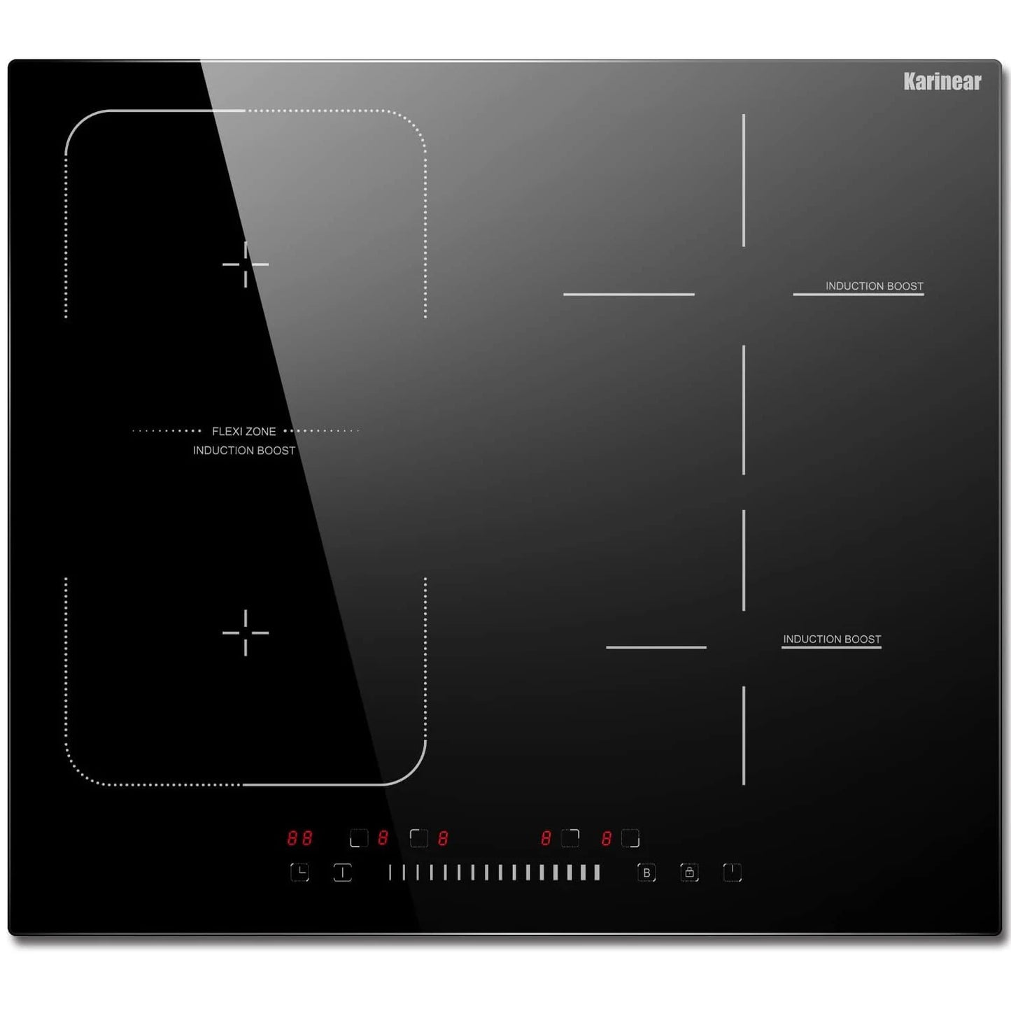 Placa de inducción Karinear integrada de 4 quemadores, placa de inducción eléctrica con zona flexible, control deslizante, temporizador, función de refuerzo, 7200 W